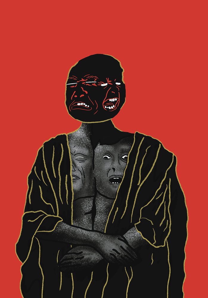 Des humanoïdes avec deux visages sur leur tête et deux autres sur leur torse. 