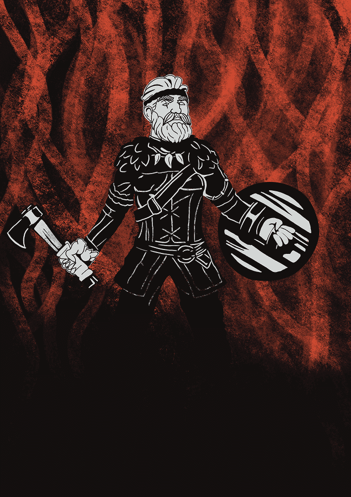 Homme borgne tendant un bouclier et une hache