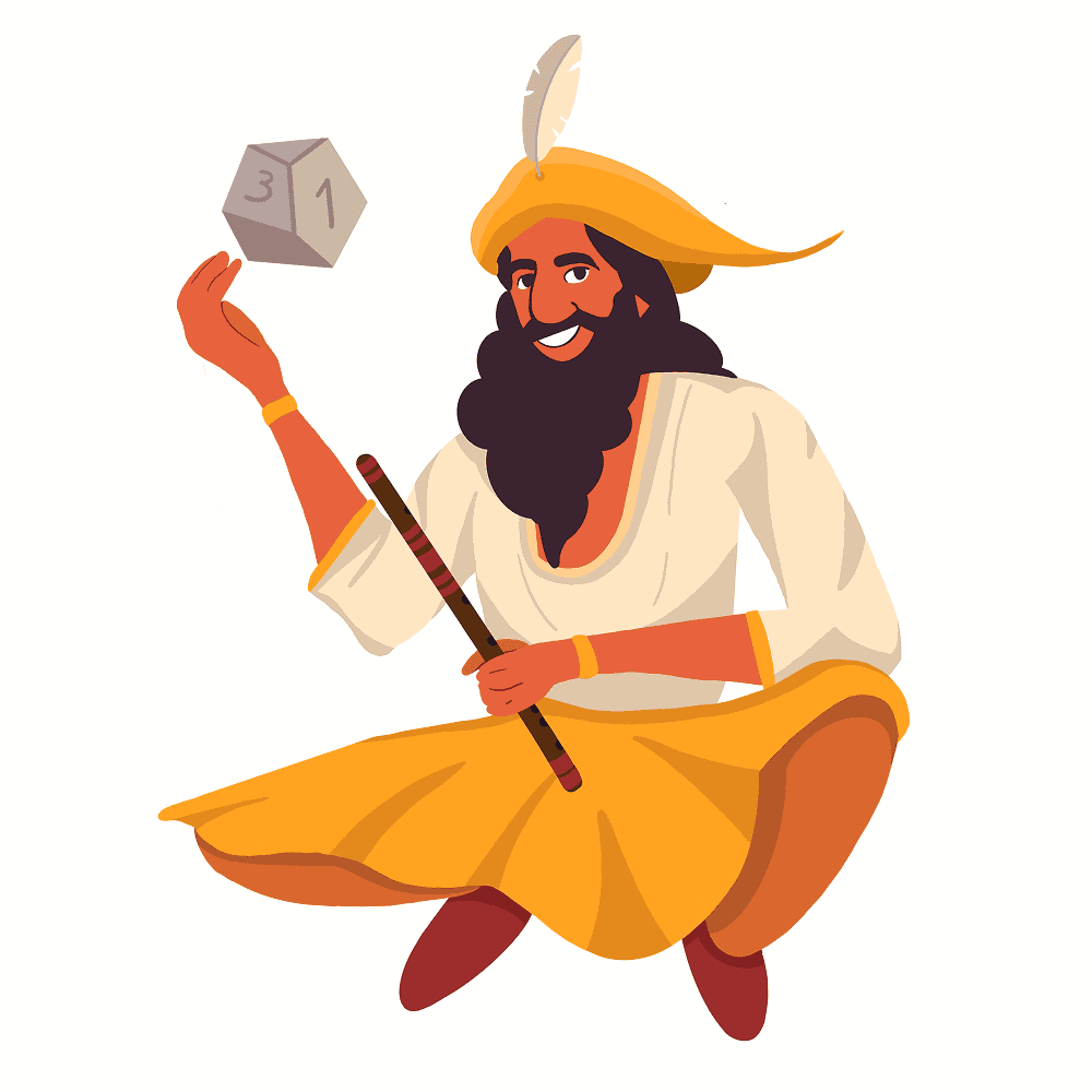 Un homme avec un bansuri, un chapeau orné d’une plume, et faisant léviter un dé.