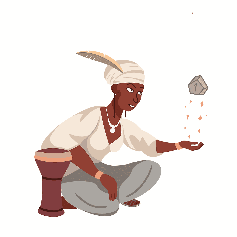 Une femme avec une plume dans les cheveux, assise à côté d’un tambour, et faisant léviter un dé