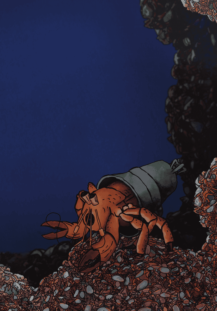 Nuée de crabes sociaux avec un plus grand au centre